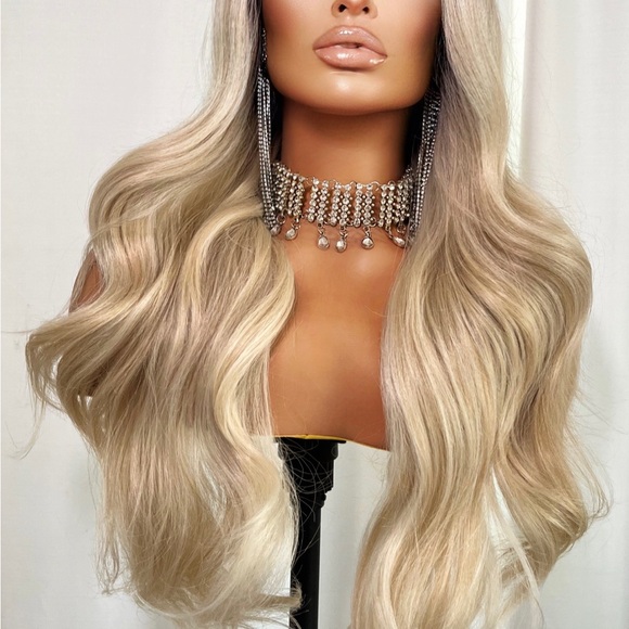 HD Transparent Lace Front Loose Curl Blonde Dark Root Ombre Long Wig - Picture 6 of 11